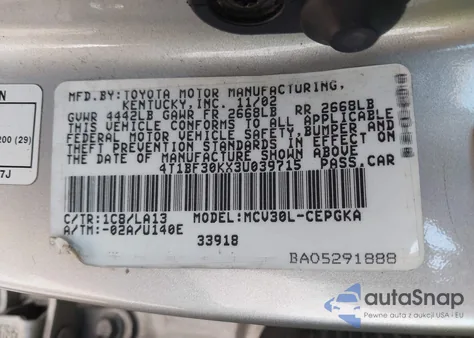 2003 Toyota Camry Xle V6 from USA, damaged, VIN 4T1BF30KX3U039715